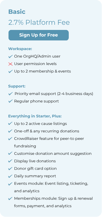 GiveNow Basic Plan - Free to use and sign up with 2.7% platform fee.
