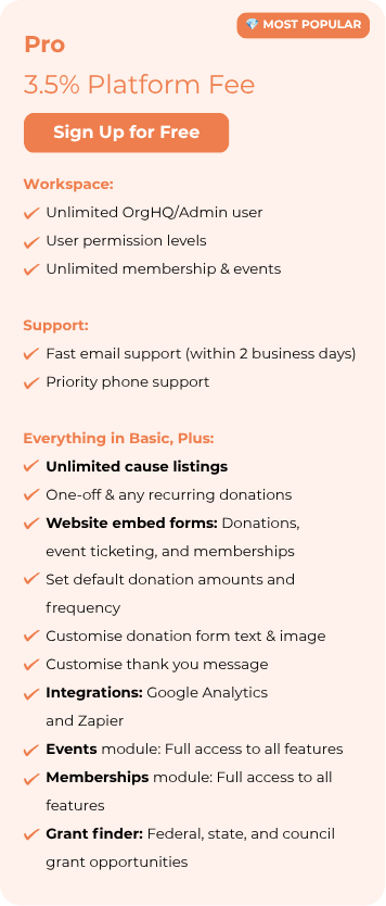 GiveNow Pro Plan - Free to use and sign up with 3.5% platform fee.
