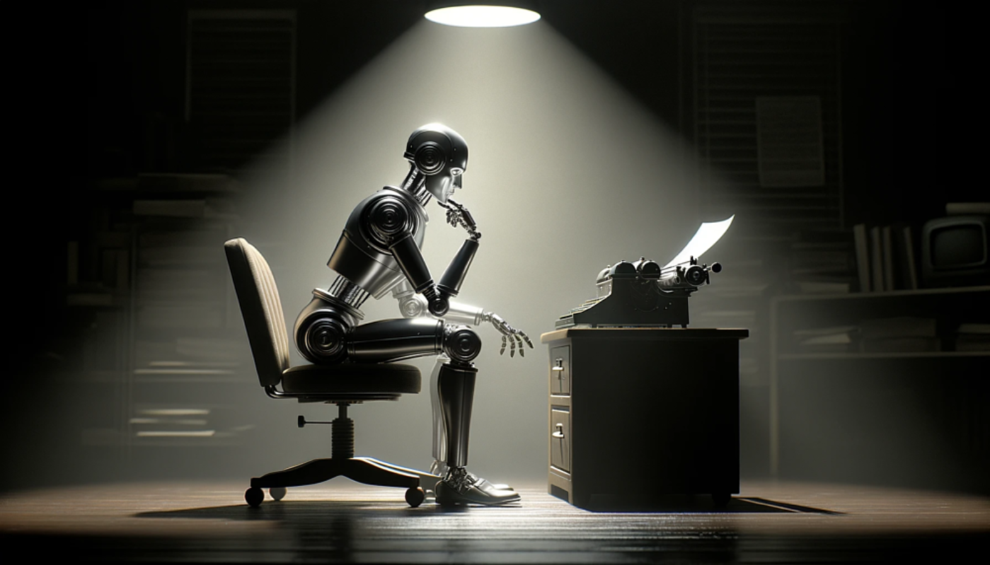 DALL E 2023 11 16 13 01 16 In this continuation of the 1950s film noir series the scene features a single non gendered robot typist pausing from their work and touching their c