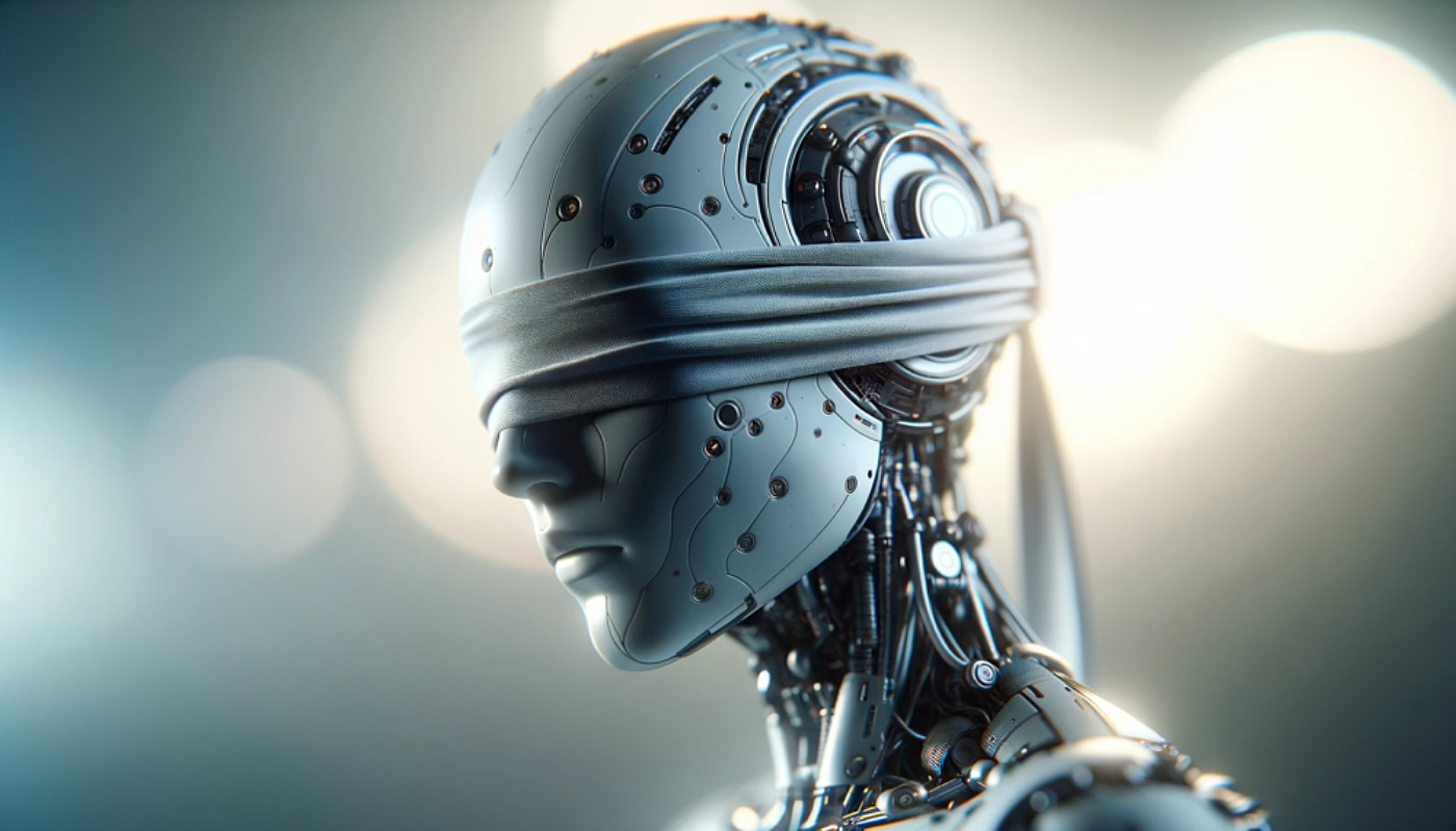 DALL E 2023 11 20 13 52 38 Illustrate a humanoid android with a blindfold over its eyes in a 16 9 format The android has a futuristic metallic body with articulated joints and